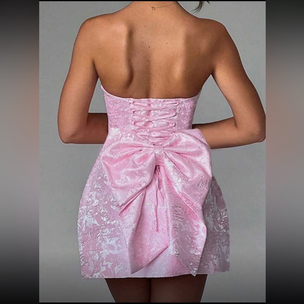 Luxe Elegant Pink Jacquard Strapless Crisscross Tie Up Back Dress with Bow